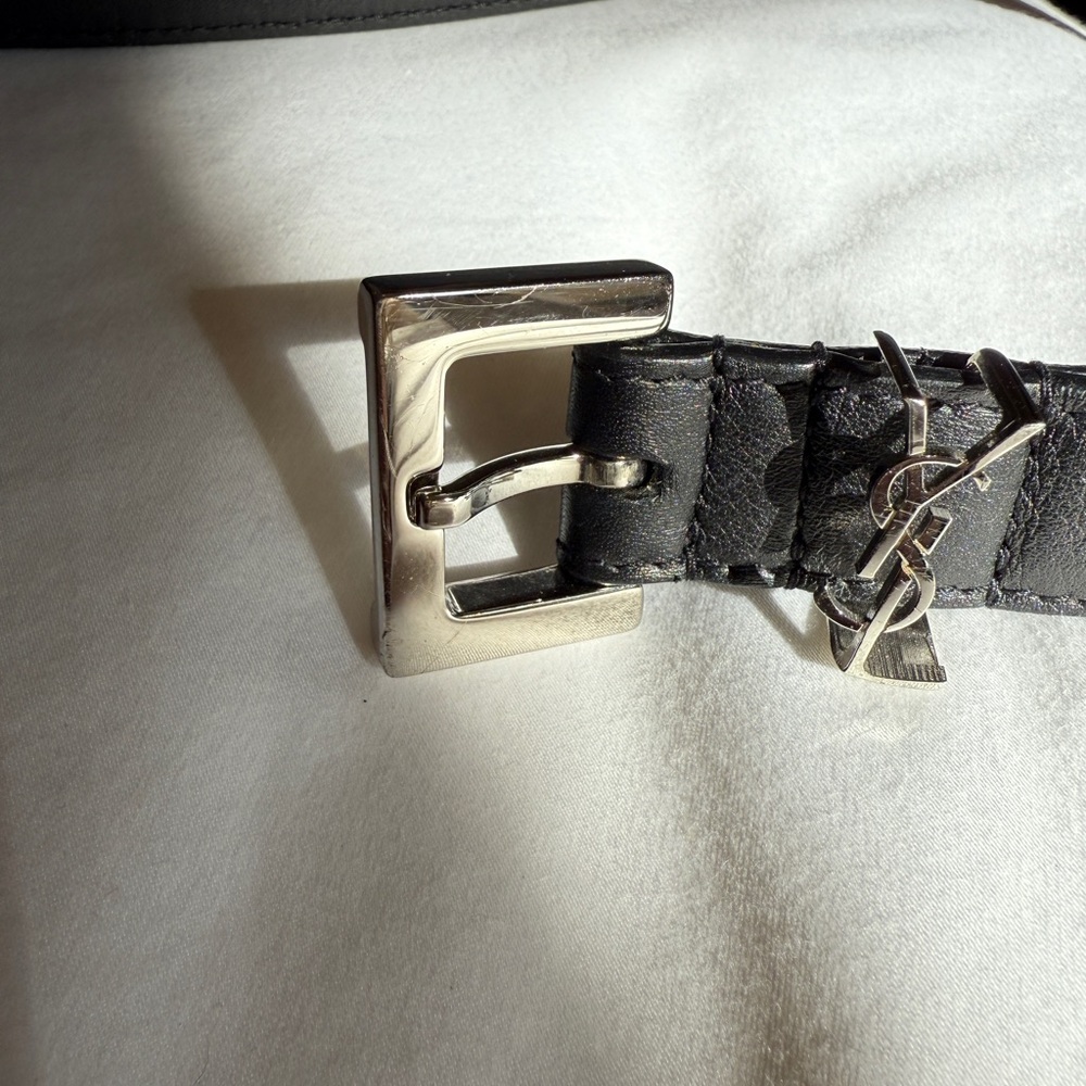 Yves Saint Laurent Black Leather Belt with Silver YSL Accent - Picture 2 of 7